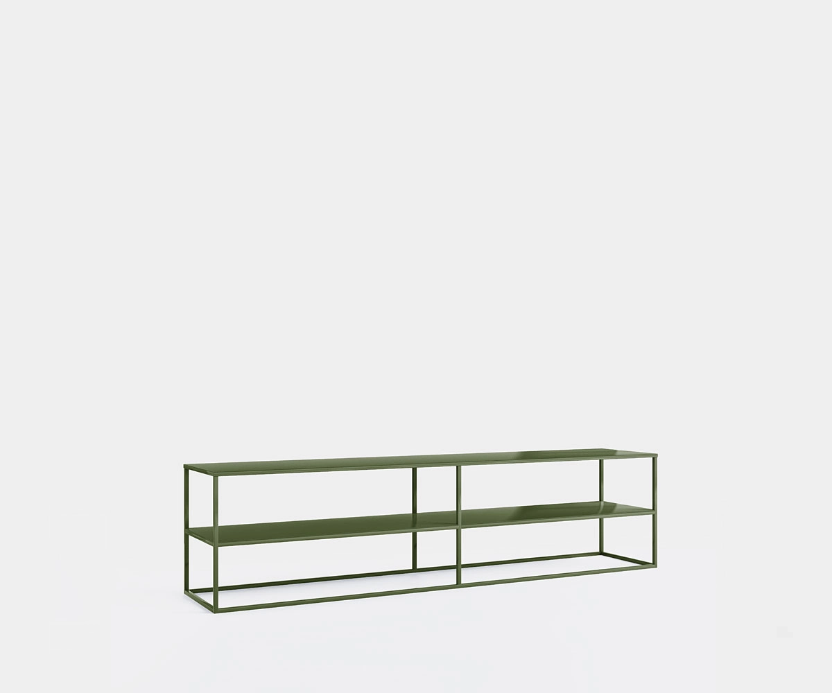 TV shelf made of metal, 200 cm wide, in olive green