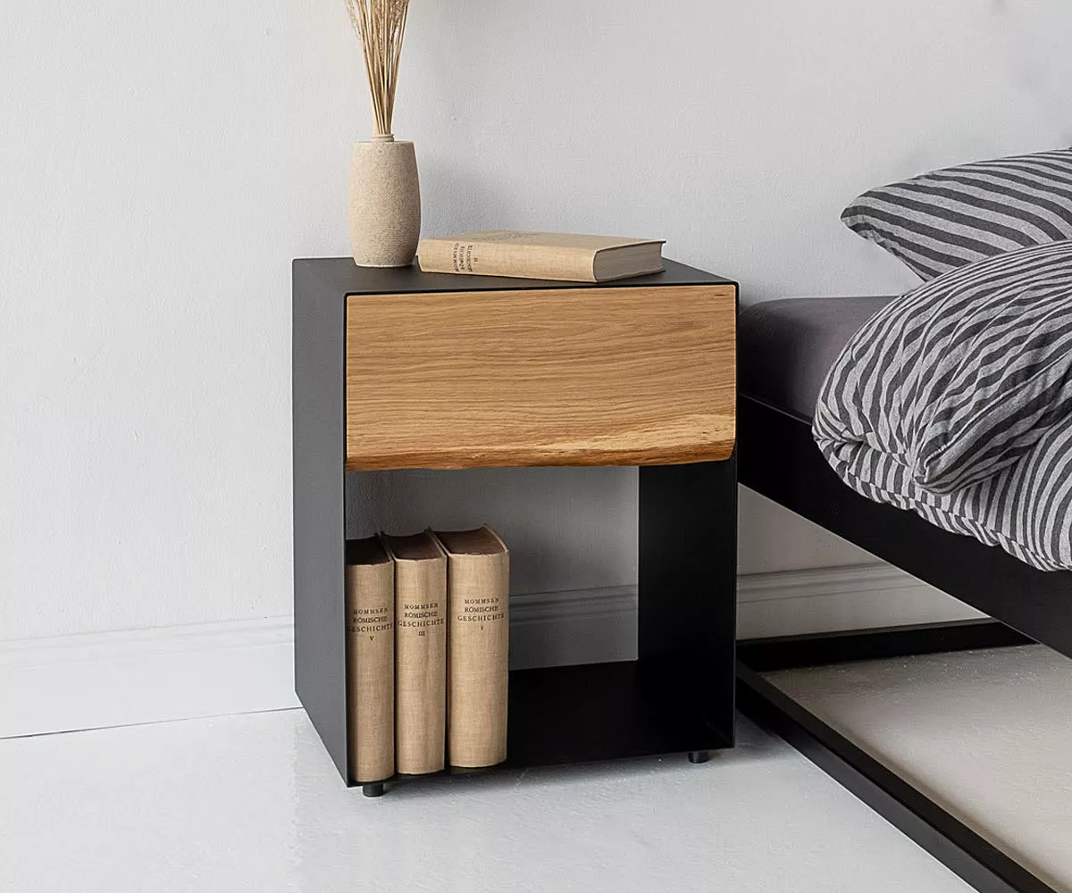 ARBOR Nachttisch mit Schublade in Schwarz Nachttisch Schwarz aus Stahl & Eichenholz mit Schublade