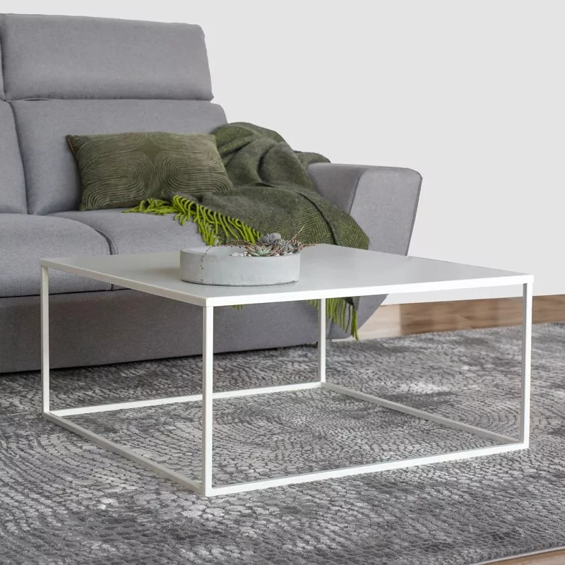 SIMPLEX Couchtisch 80x80 in Weiß Weißer Couchtisch aus Metall vor einer Couch